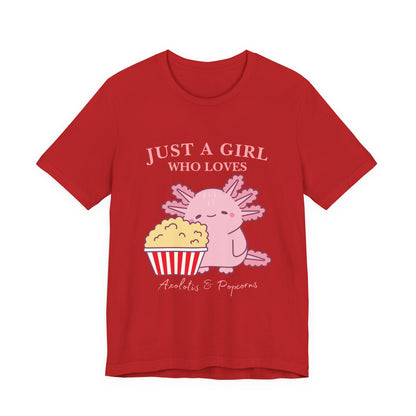 Cute Axolotl Love Popcorn Tee, Fun T-Shirt for Aquatic Lovers, Gift for Pet Lovers, Unique Animal Shirt, Casual Wear, Pop Culture Tee
