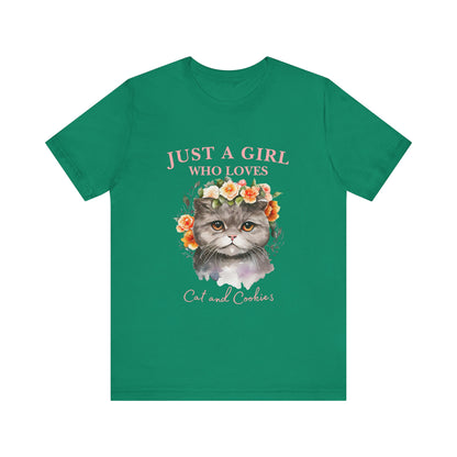 Just a Girl Who Loves Cats and Cookies Tee - Cute Cat Lover Shirt, Gift for Cat Moms, Funny Pet Apparel, Birthday Gift, Relaxed Fit T-Shirt