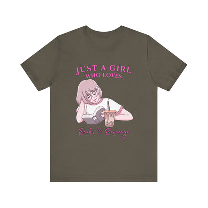 Just a Girl Who Loves Books & Beverages Tee | Cozy Reading T-Shirt, Gift for Book Lovers, Cute Bookish Apparel, Literary Fashion