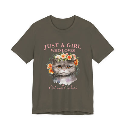 Just a Girl Who Loves Cats and Cookies Tee - Cute Cat Lover Shirt, Gift for Cat Moms, Funny Pet Apparel, Birthday Gift, Relaxed Fit T-Shirt