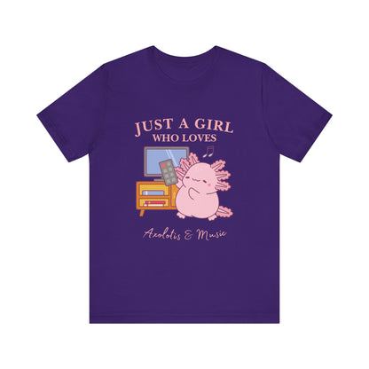 Cute Music Lover Tee, Just a Girl Who Loves, Gift for Her, Music Aesthetics, Anime Style T-shirt, Unique Graphic Tee, Axolotis T-shirt