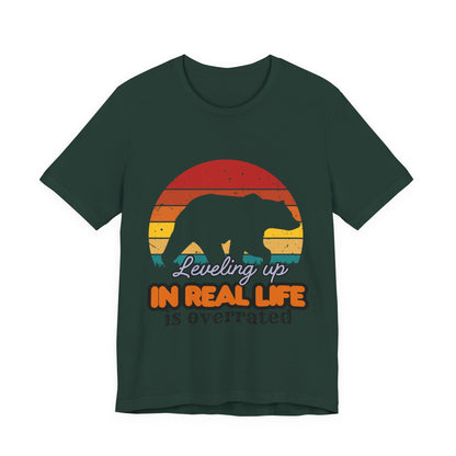 Retro Bear Graphic Tee - 'Leveling Up in Real Life is Overrated', Casual Wear, Gifts for Nature Lovers, Outdoor Adventures, Everyday Style, Gamer Tee