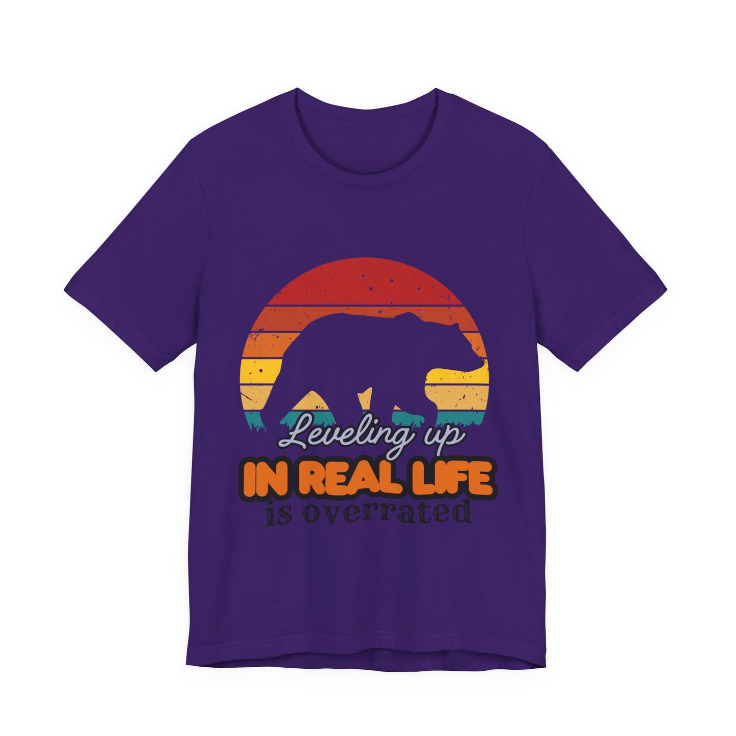 Retro Bear Graphic Tee - 'Leveling Up in Real Life is Overrated', Casual Wear, Gifts for Nature Lovers, Outdoor Adventures, Everyday Style, Gamer Tee