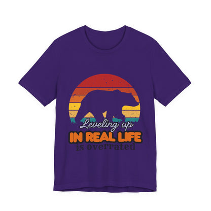 Retro Bear Graphic Tee - 'Leveling Up in Real Life is Overrated', Casual Wear, Gifts for Nature Lovers, Outdoor Adventures, Everyday Style, Gamer Tee